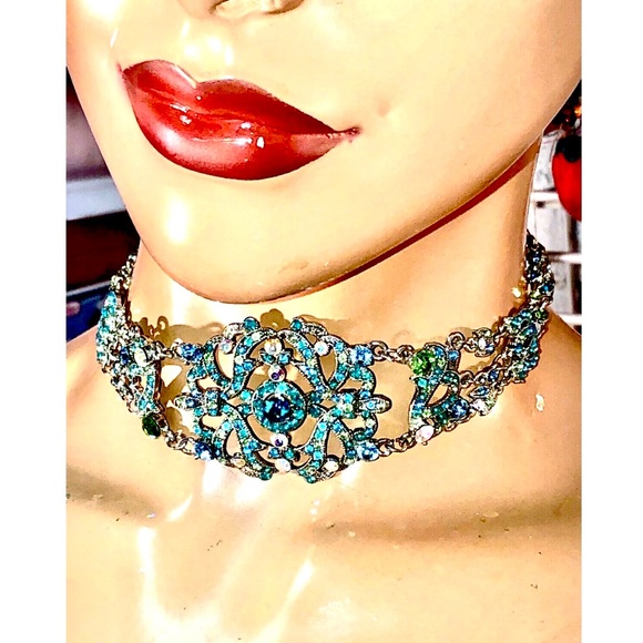 Vtg 2003 VCLM Noblesse Austrian Crystal Teal Turquoise Choker Earrings Set NIP - Picture 3 of 12